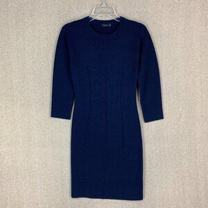 JOSEPH Merino Wool Dress Size XS Navy Blue Knit Long Sleeve Shift Crew Neck Midi